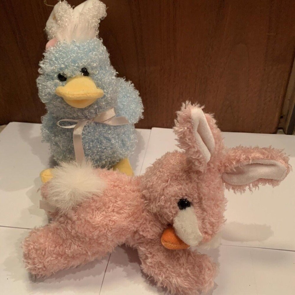 Lot Of Two Plush Stuffed Animals Pink Bunny Rabbit & Blue Duck Easter Decor